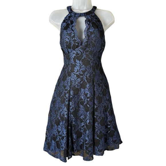 Nightway Celestial Navy Lace Overlay Fit Flare Dress 4 Sleeveless Party Cocktail - Picture 2 of 8